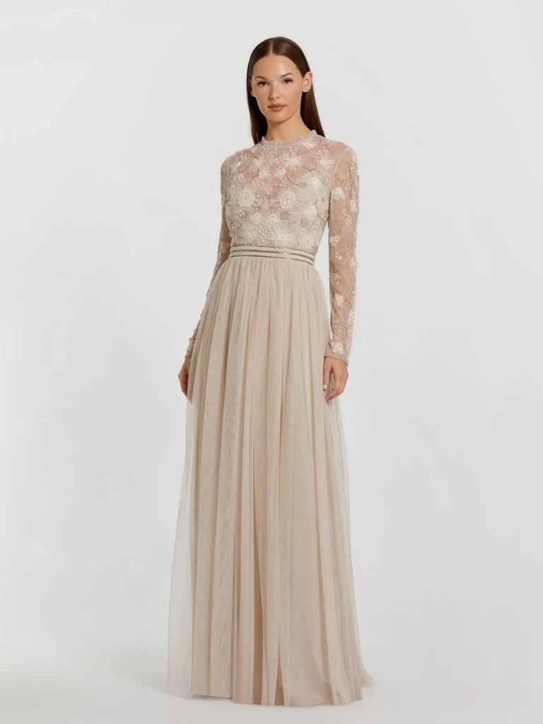Mac Duggal #9132 Illusion High Neck Long Sleeve Maxi Dress Gown Ball Cruise Gala